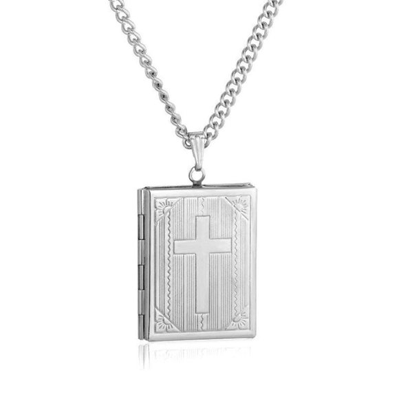 Mens 18K White Gold Plated Cross Pendant Curb Chain Necklace 24" - Picture 3 of 6